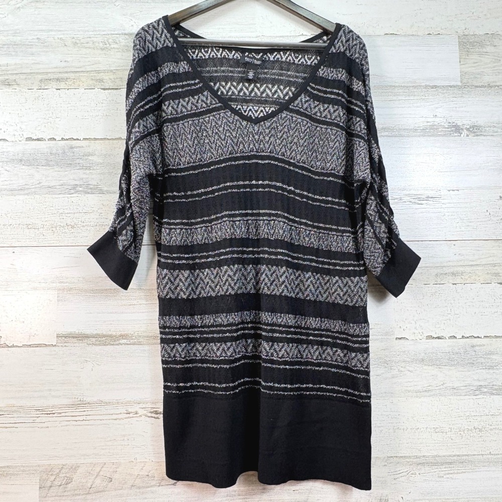 White House Black Market Black Silver Metallic Striped Sheer Sweater Dress‎ L